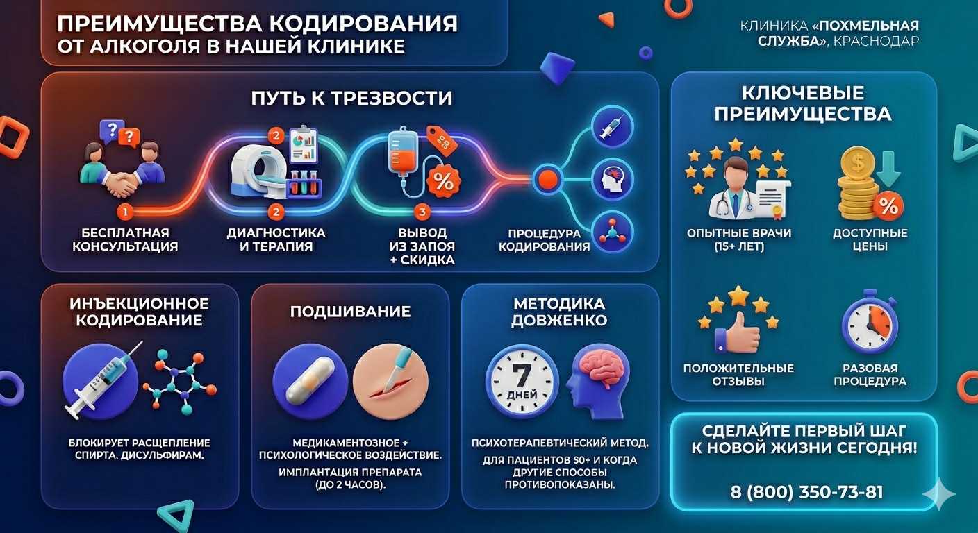 Инфографика о методах кодирования от алкоголя в Сураже: инъекции, подшивание, метод Довженко. Преимущества клиники и этапы лечения.